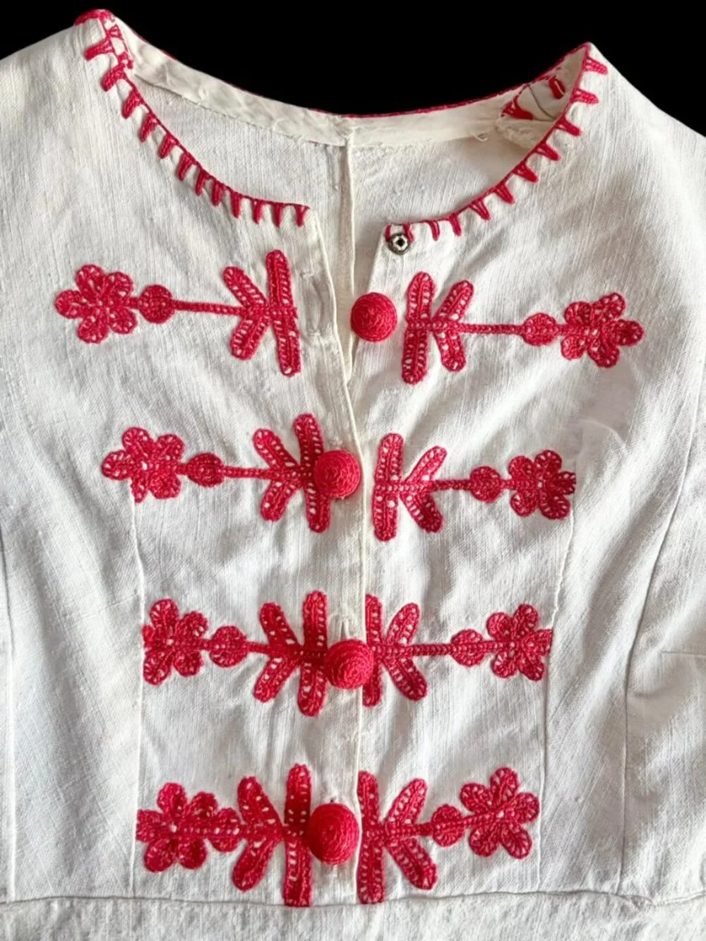 Vintage White Linen Handmade Embroidered Hungarian Folk Style Dress